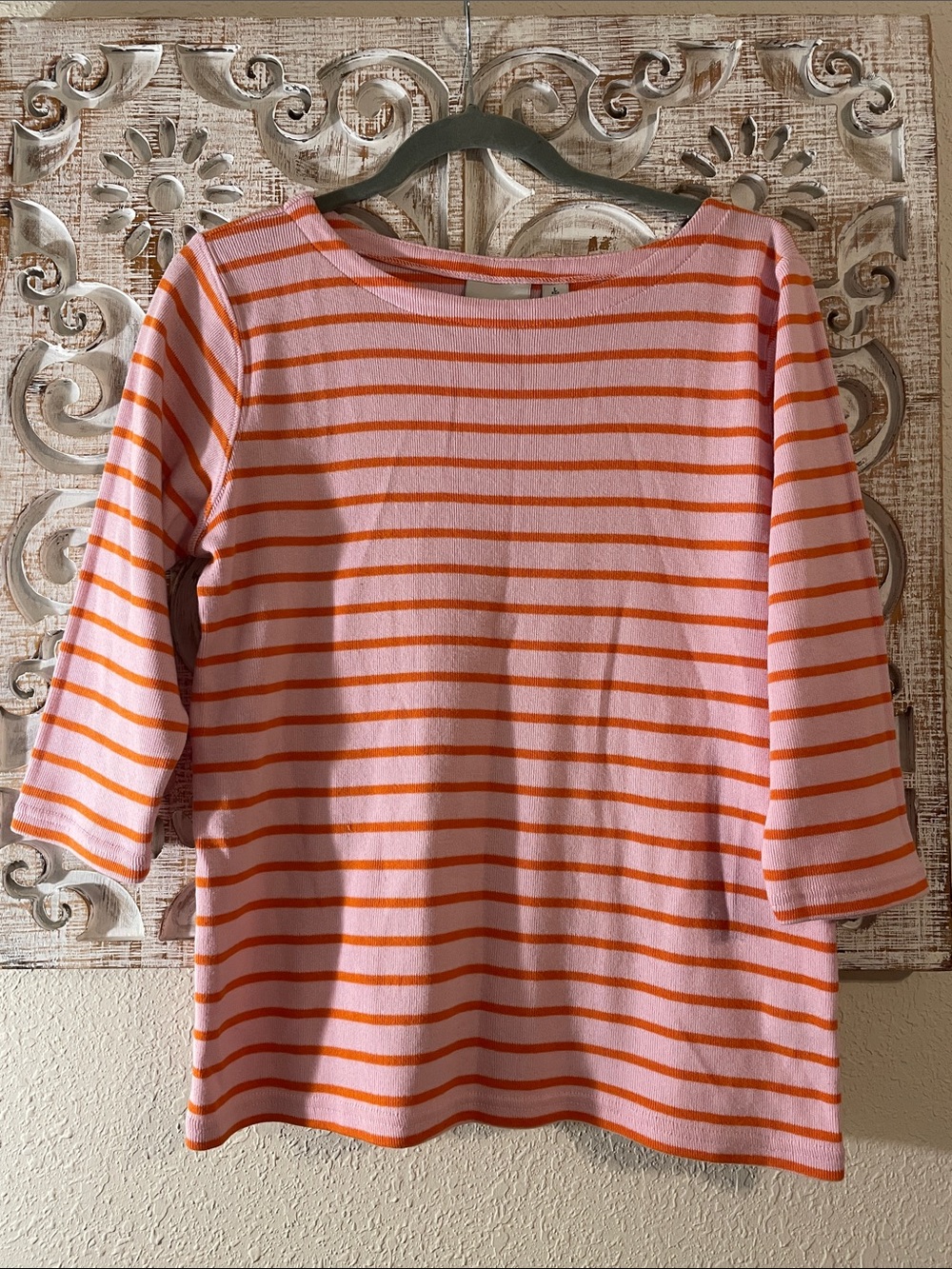 L.L. Bean Pink & Orange Striped Boatneck Long Sleeve Top